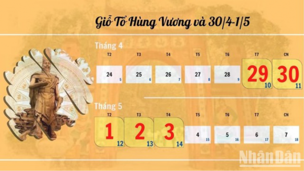 Lịch nghỉ Lễ Giỗ Tổ Hùng Vương, 30/4, 1/5; Quốc khánh năm 2023